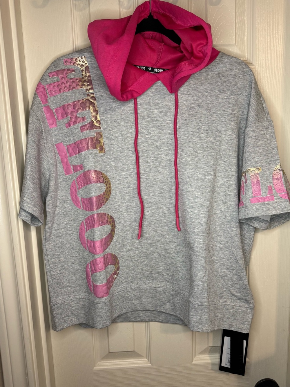 Gray and Pink Hooded Short-Sleeve Sweatshirt and Shorts - Women